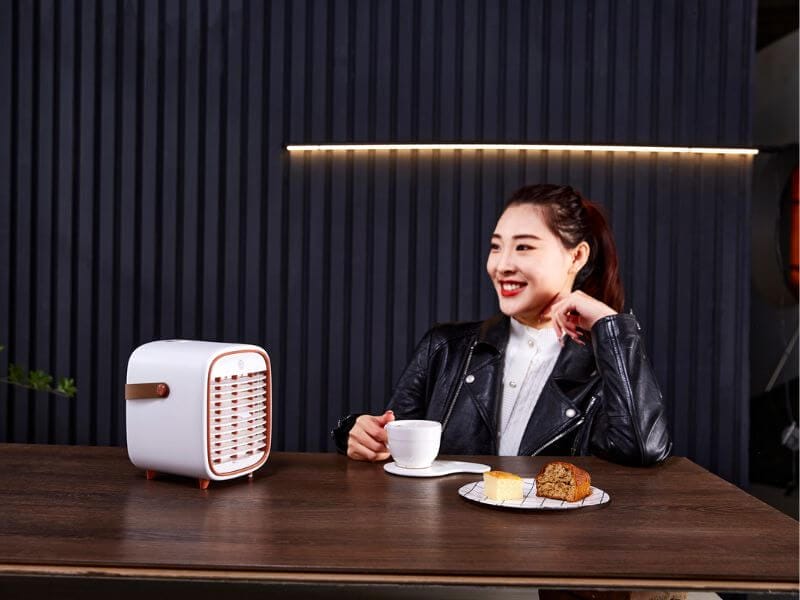qt3 air purifier in a cafe next to a woman
